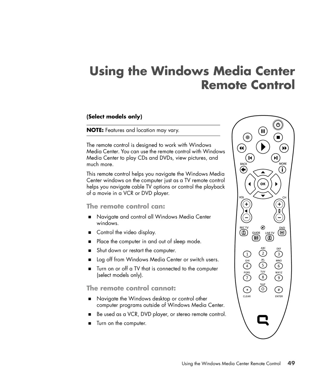 HP SR5559D, SR5558D, SR5618CF Using the Windows Media Center Remote Control, Remote control cannot, Select models only 