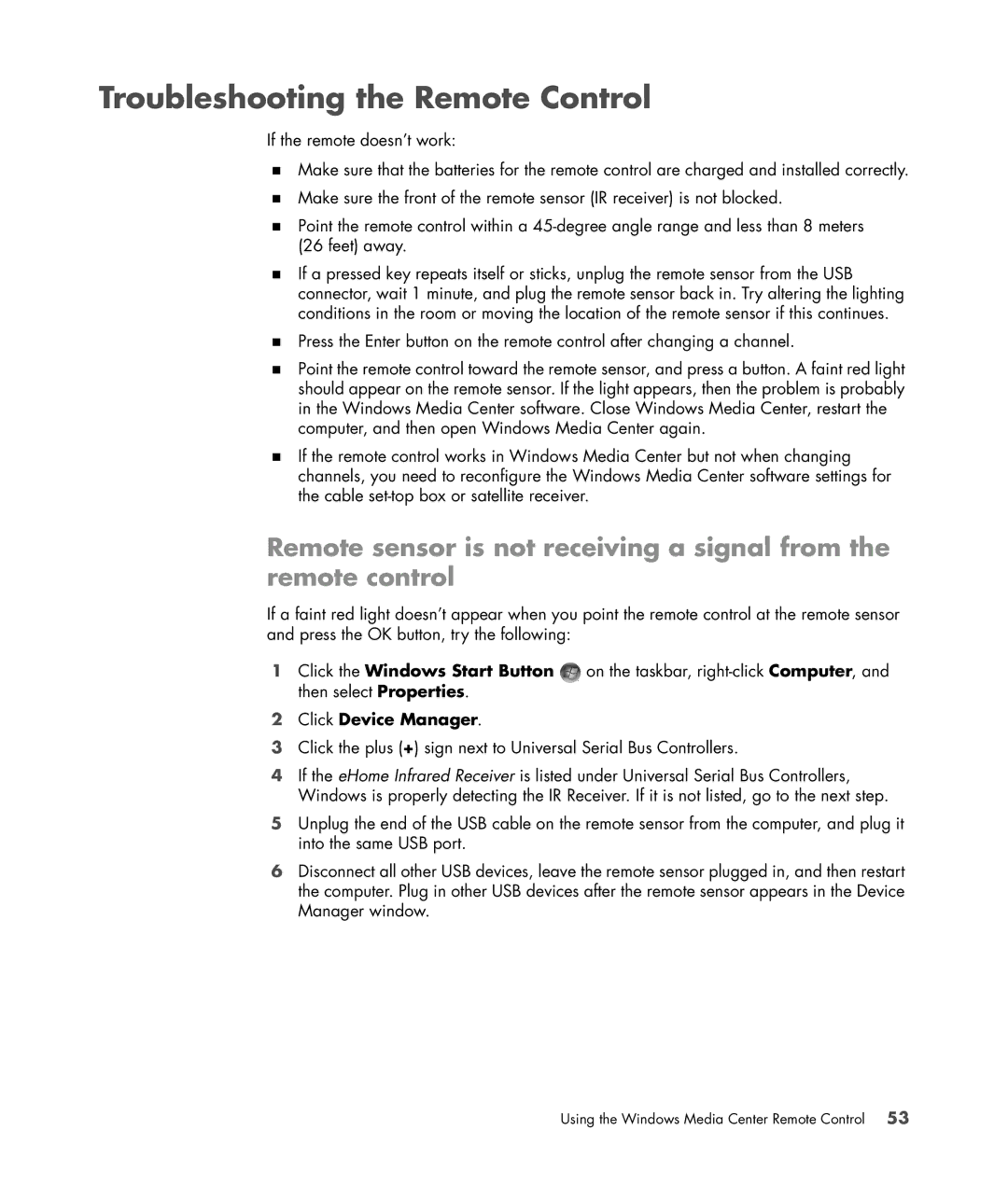 HP SR5613CF, SR5558D, SR5618CF, SR5615CF, SR5559D manual Troubleshooting the Remote Control, Click Device Manager 