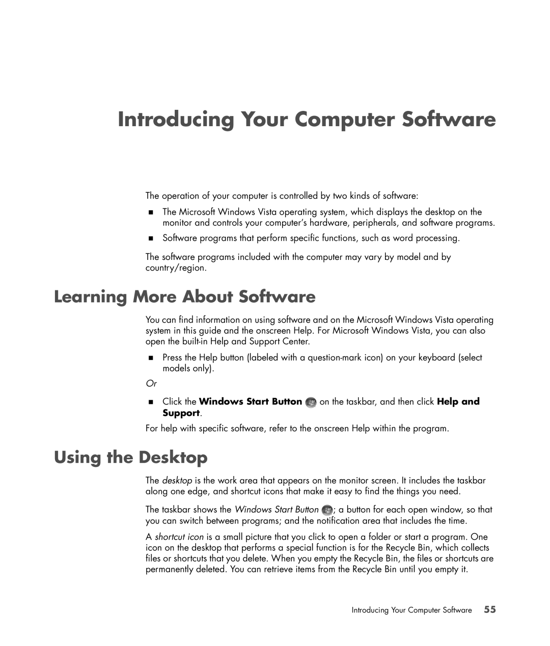 HP SR5558D, SR5618CF, SR5615CF, SR5613CF Introducing Your Computer Software, Learning More About Software, Using the Desktop 