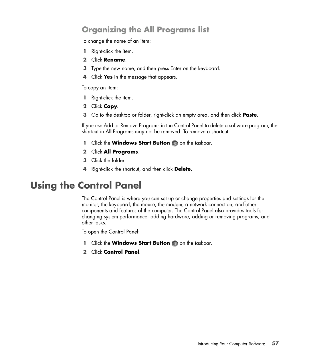 HP SR5615CF, SR5558D, SR5618CF, SR5613CF, SR5559D manual Using the Control Panel, Organizing the All Programs list 