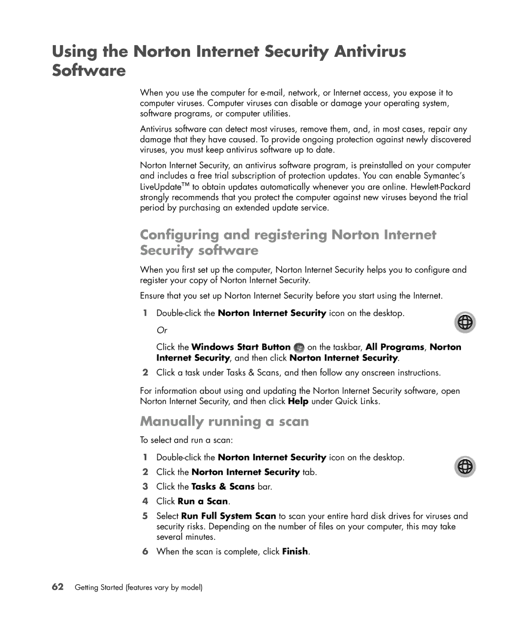 HP SR5615CF, SR5558D manual Using the Norton Internet Security Antivirus Software, Manually running a scan, Click Run a Scan 