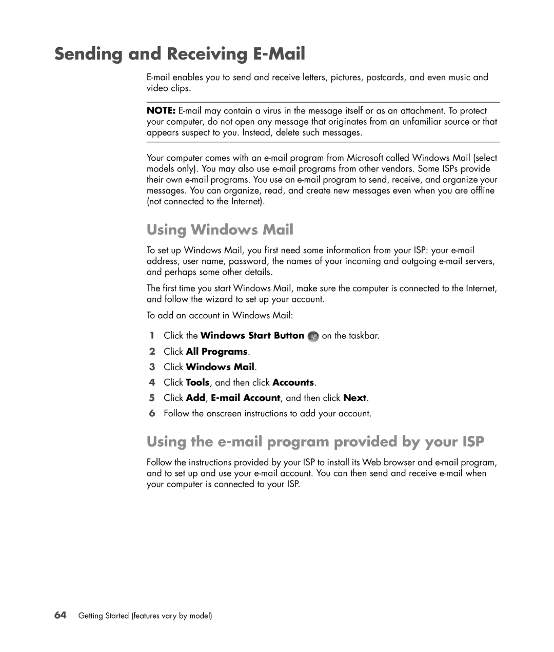 HP SR5559D, SR5558D manual Sending and Receiving E-Mail, Using Windows Mail, Using the e-mail program provided by your ISP 