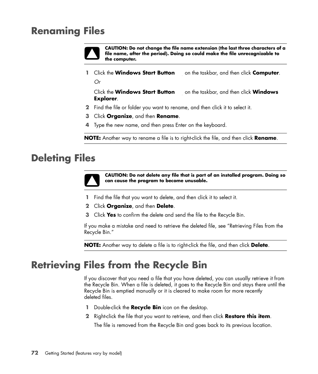 HP SR5615CF, SR5558D, SR5618CF, SR5613CF, SR5559D manual Renaming Files, Deleting Files, Retrieving Files from the Recycle Bin 