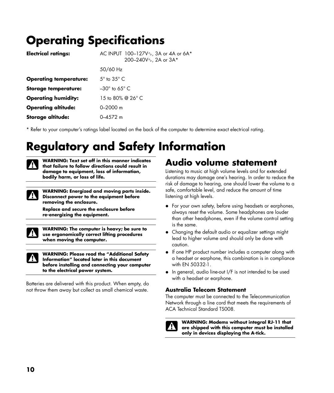 HP SR5611CF, SR5612CF manual Audio volume statement 