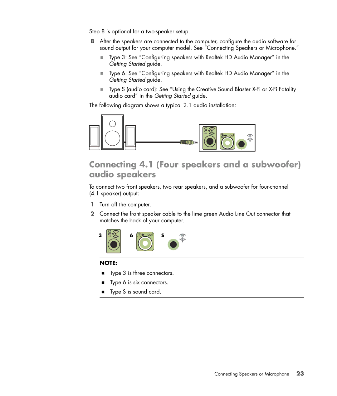 HP SR5610CF, SR5615CF manual Connecting 4.1 Four speakers and a subwoofer audio speakers 