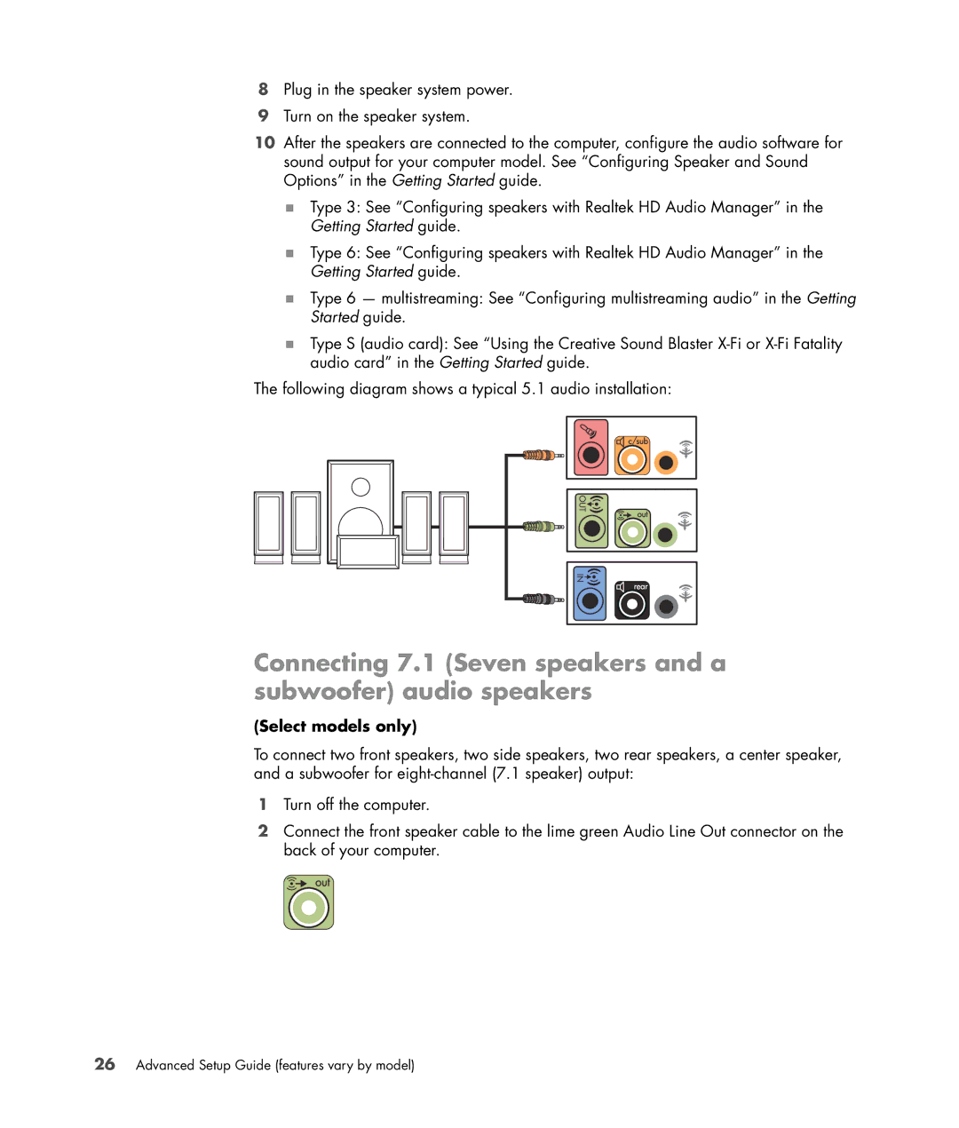 HP SR5615CF, SR5610CF manual Connecting 7.1 Seven speakers and a subwoofer audio speakers 