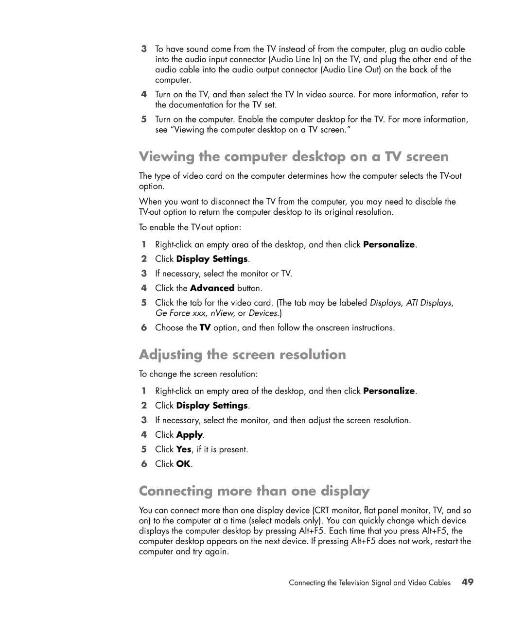 HP SR5610CF Viewing the computer desktop on a TV screen, Adjusting the screen resolution, Connecting more than one display 