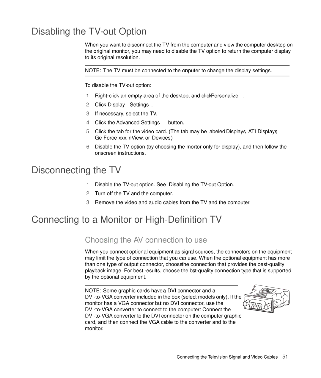 HP SR5610CF, SR5615CF Disabling the TV-out Option, Disconnecting the TV, Connecting to a Monitor or High-Definition TV 