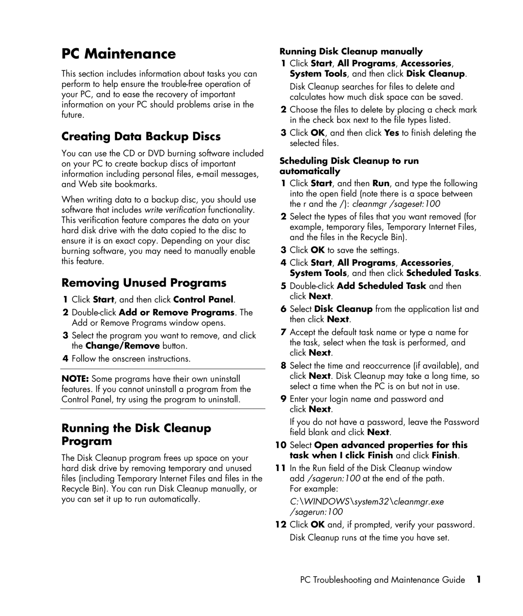 HP SR5718F, SR5710F, SR5708F, SR5705F Creating Data Backup Discs, Removing Unused Programs, Running the Disk Cleanup Program 