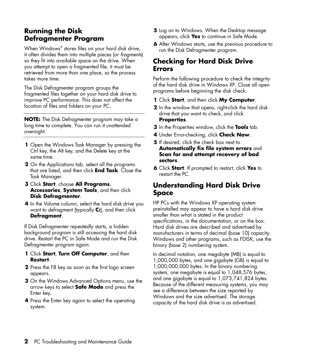 HP SR5710Y Running the Disk Defragmenter Program, Checking for Hard Disk Drive Errors, Understanding Hard Disk Drive Space 