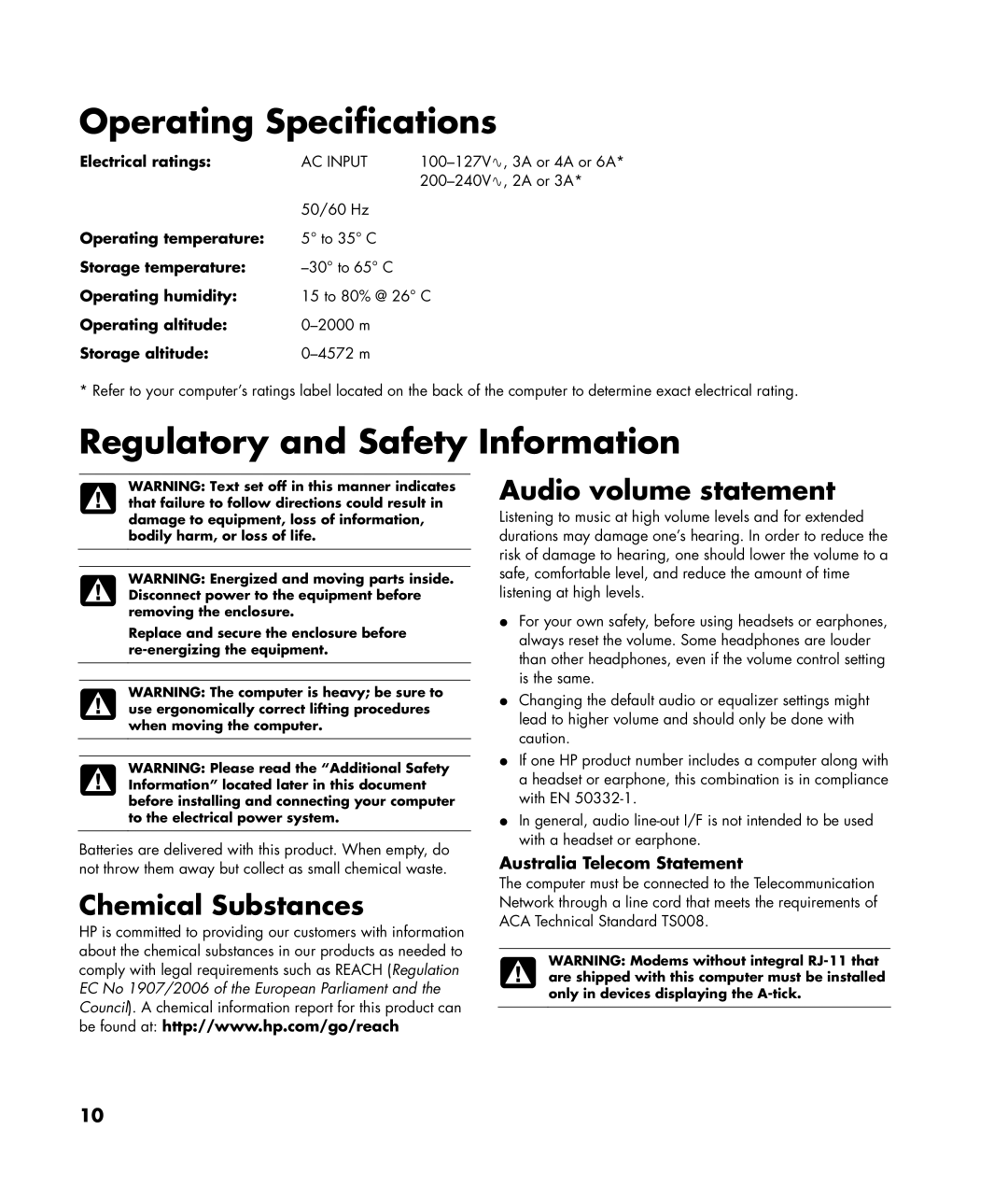 HP SR5780D manual Chemical Substances Audio volume statement, Australia Telecom Statement 