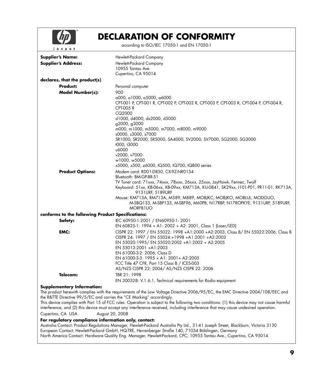 HP SR5780D manual Declaration of Conformity 