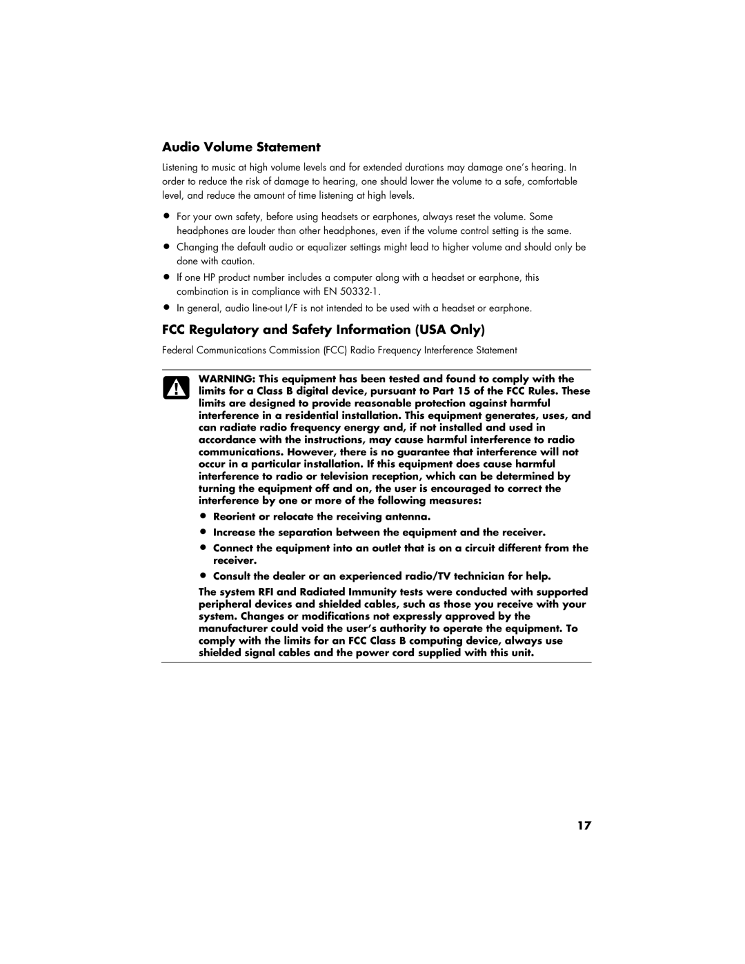 HP S3905F, SR5908F manual Audio Volume Statement, FCC Regulatory and Safety Information USA Only 