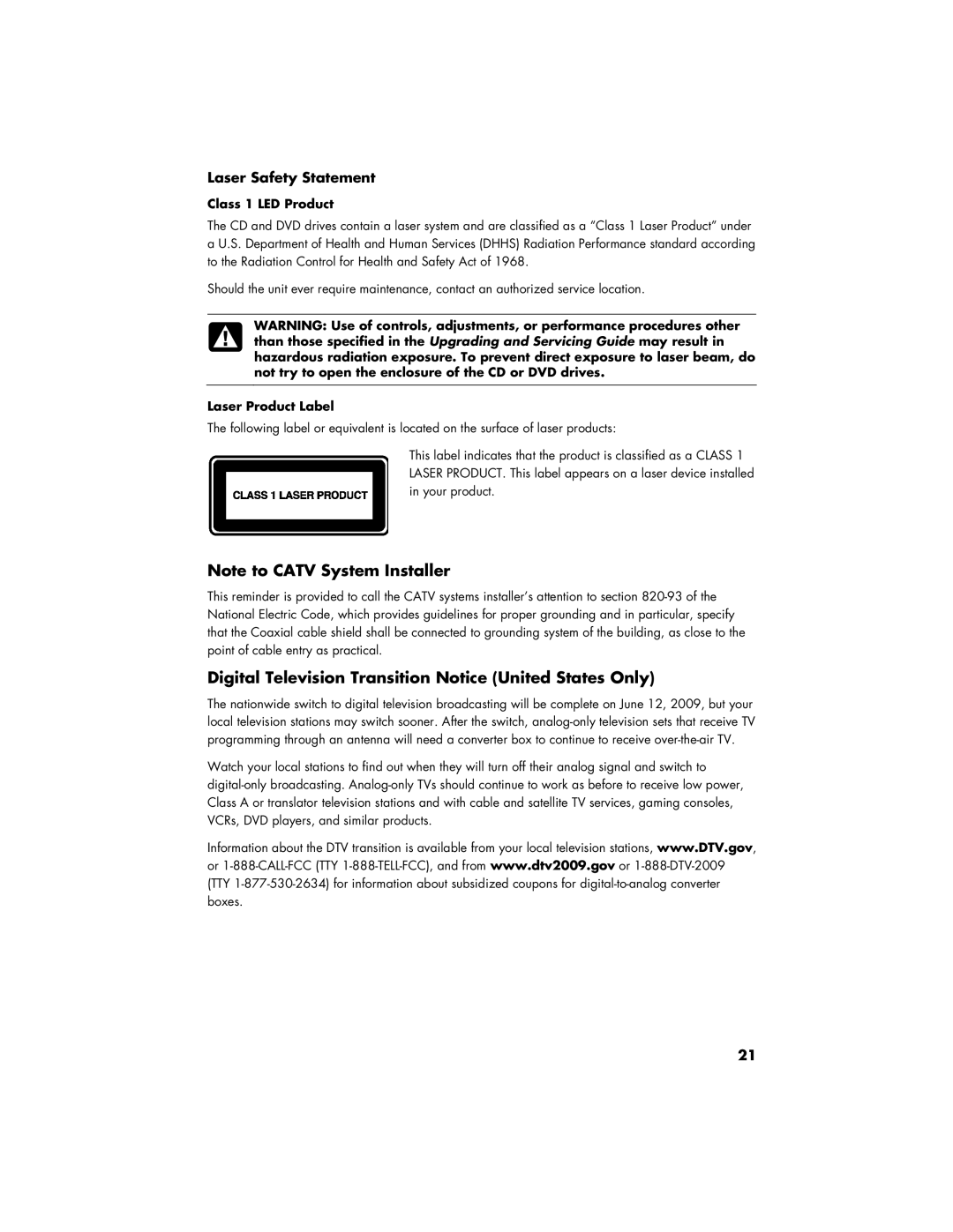 HP S3905F, SR5908F Digital Television Transition Notice United States Only, Laser Safety Statement, Class 1 LED Product 