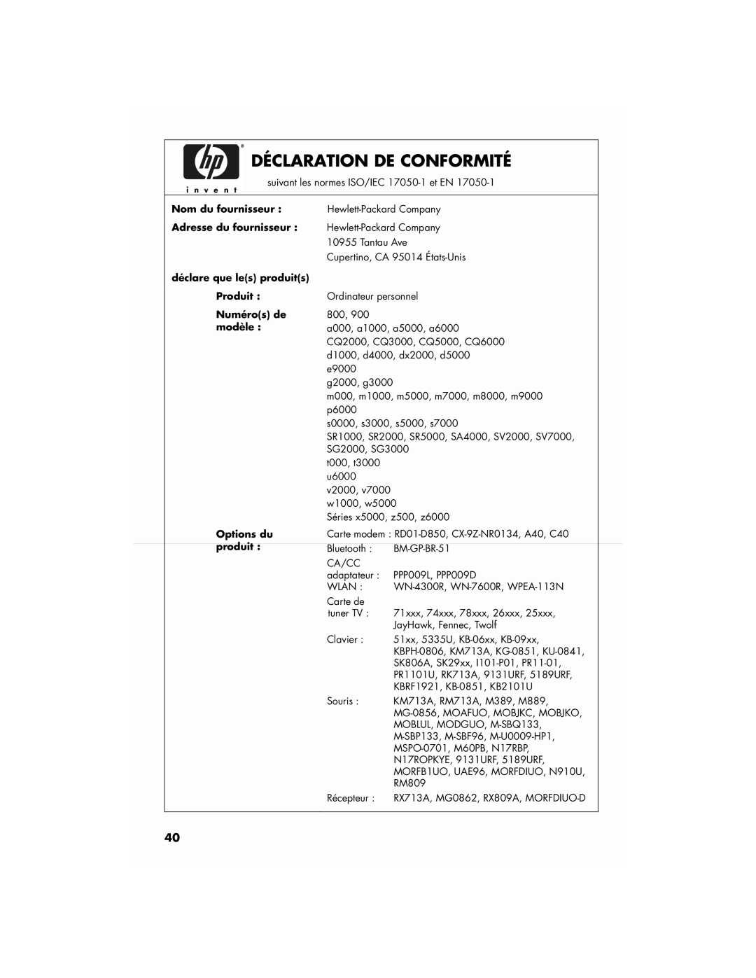 HP SR5908F, S3905F manual Déclaration DE Conformité 