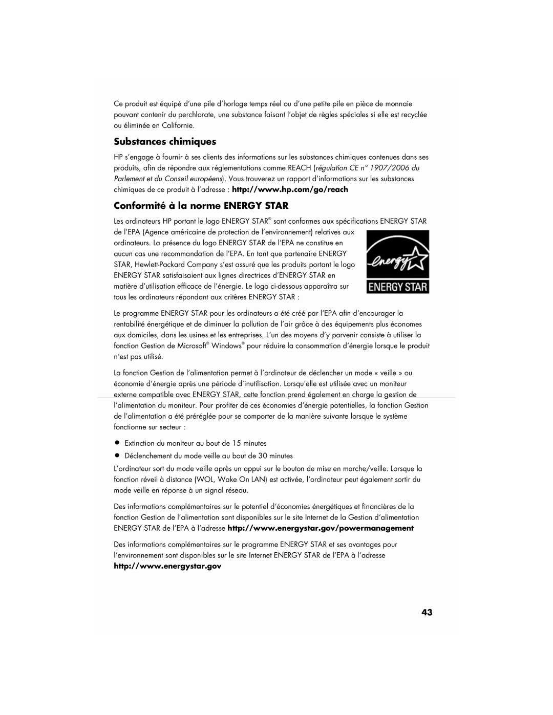 HP S3905F, SR5908F manual Substances chimiques Conformité à la norme Energy Star 