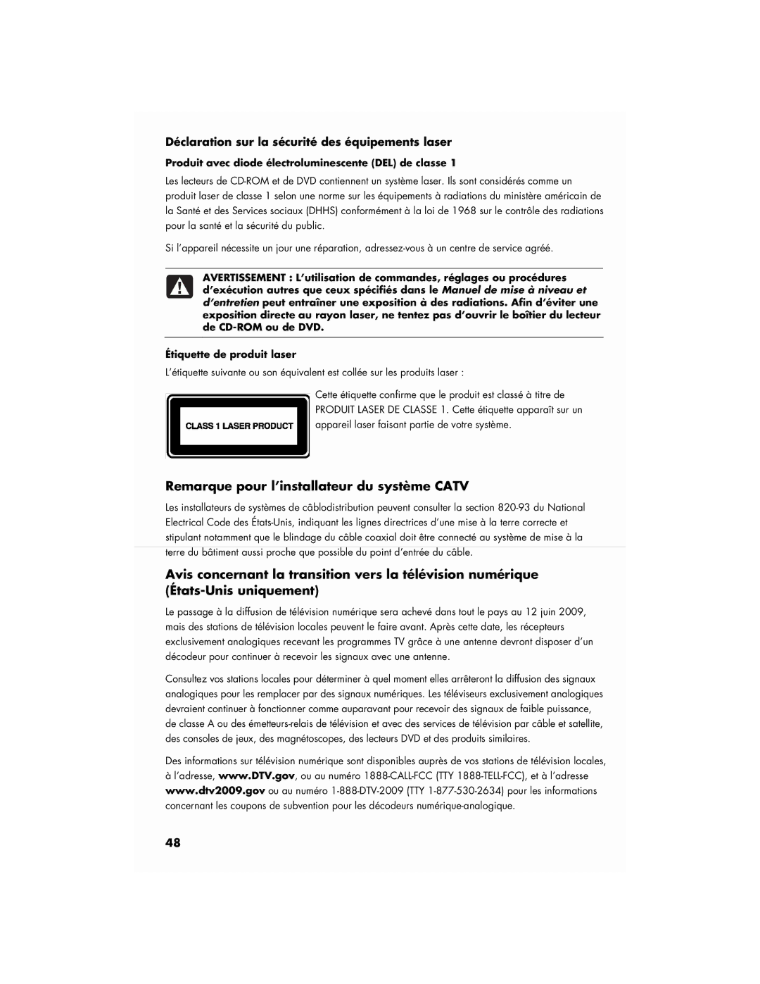 HP SR5908F, S3905F manual Remarque pour l’installateur du système Catv, Déclaration sur la sécurité des équipements laser 