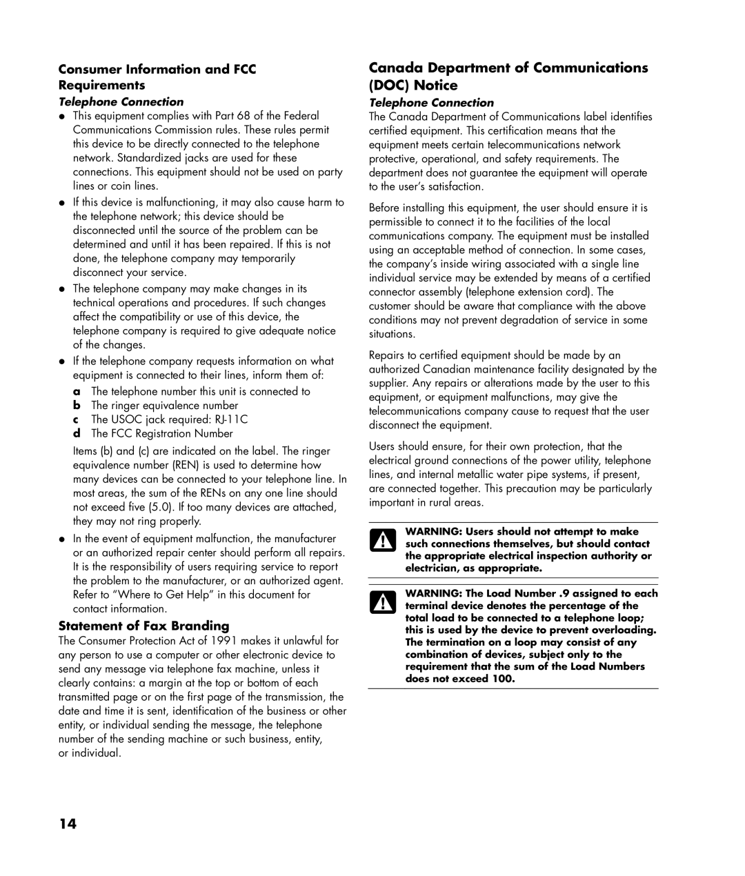 HP SR5908F, SR5807C, SR5816F, CQ5110Y, CQ5102F, CQ5112F, S3905F manual Canada Department of Communications DOC Notice 