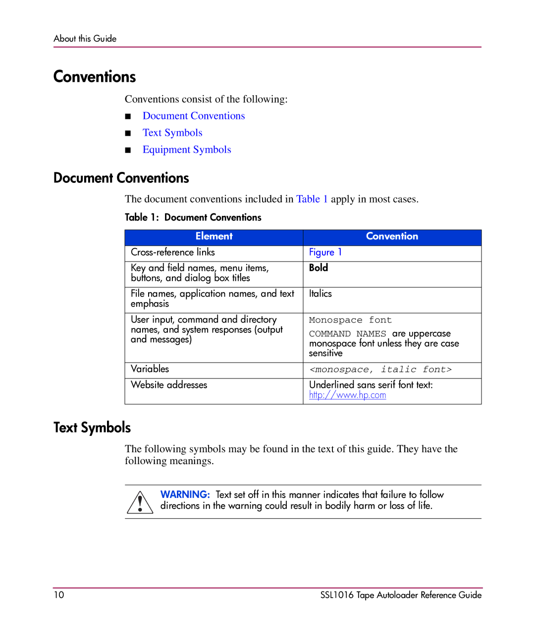 HP SSL1016 manual Document Conventions, Text Symbols 