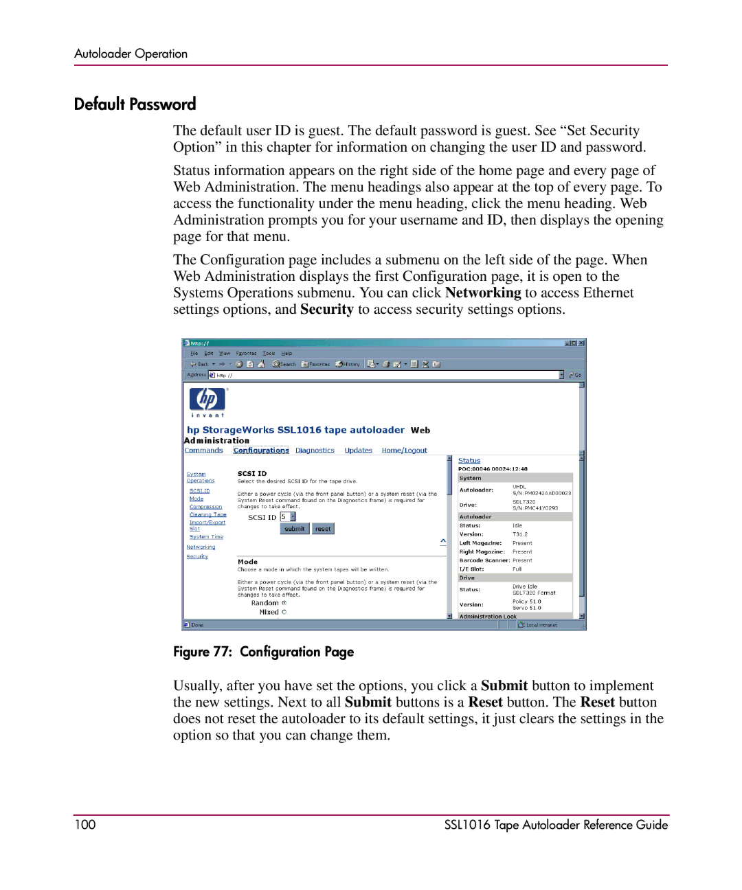 HP SSL1016 manual Default Password, Configuration 