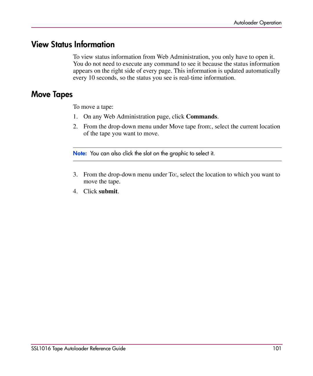 HP SSL1016 manual View Status Information, Move Tapes 