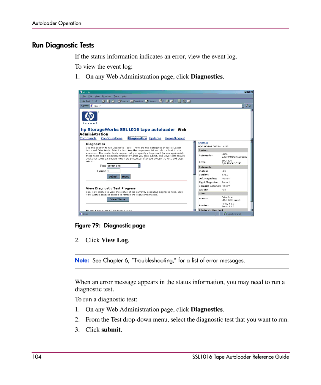 HP SSL1016 manual Run Diagnostic Tests, Click View Log 