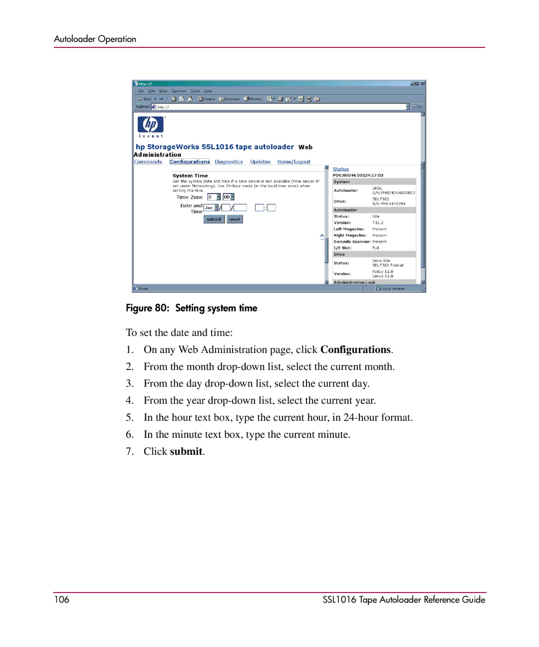 HP SSL1016 manual Setting system time 