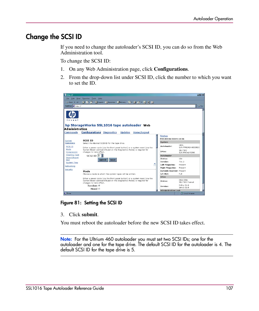 HP SSL1016 manual Change the Scsi ID, Setting the Scsi ID 