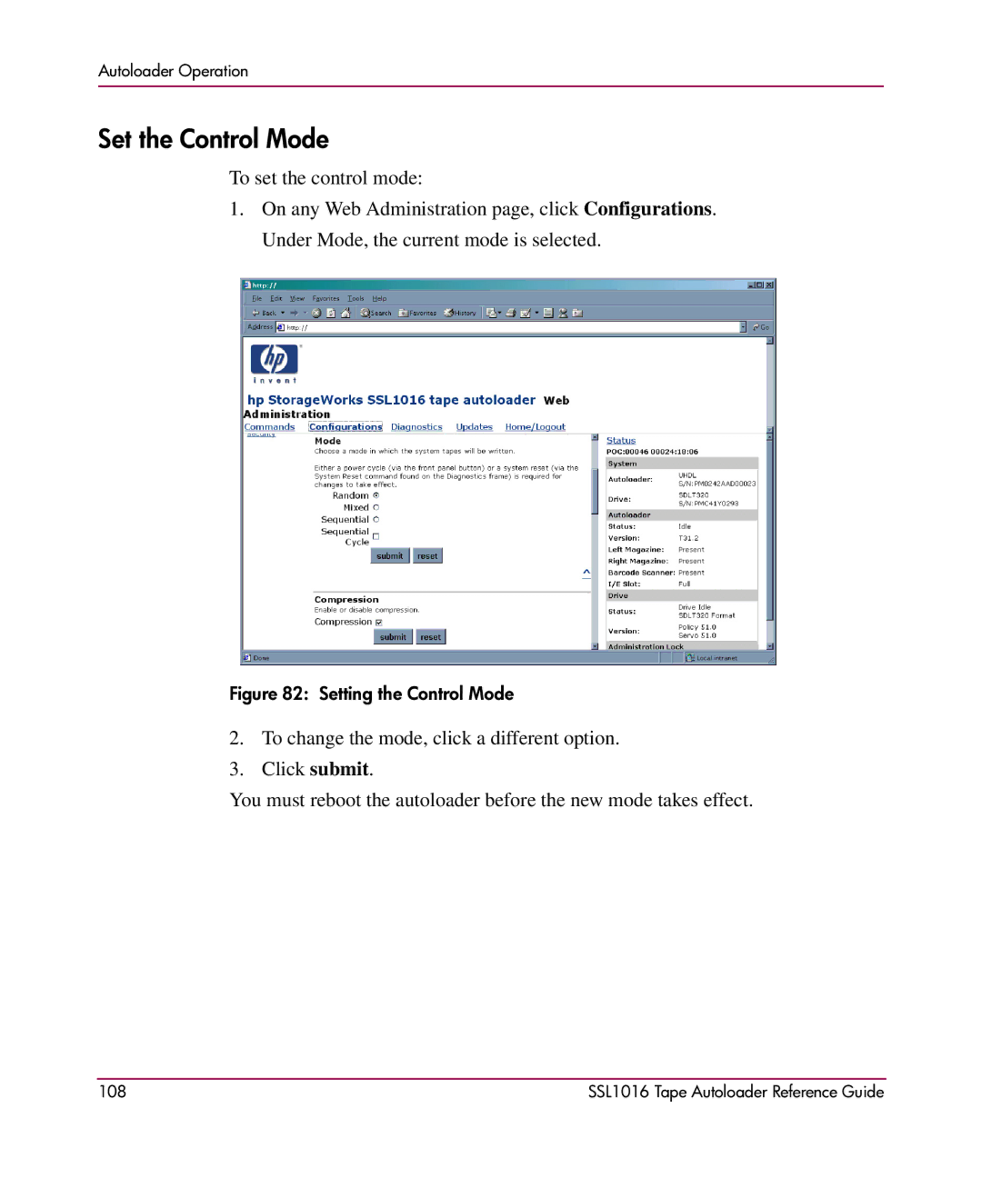 HP SSL1016 manual Set the Control Mode, Setting the Control Mode 