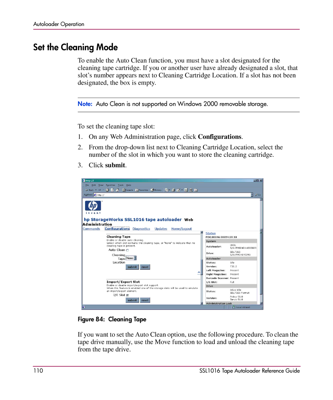 HP SSL1016 manual Set the Cleaning Mode, Cleaning Tape 