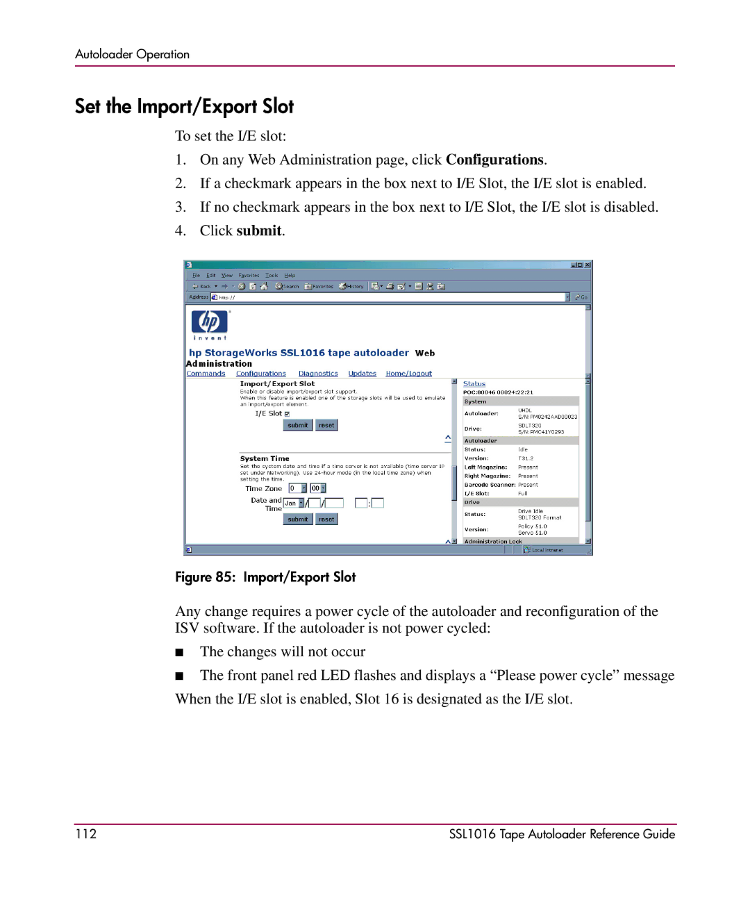 HP SSL1016 manual Set the Import/Export Slot 