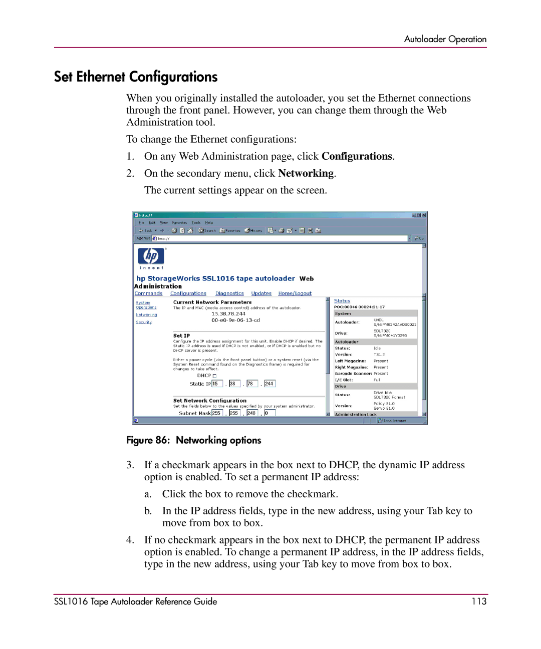 HP SSL1016 manual Set Ethernet Configurations, Networking options 