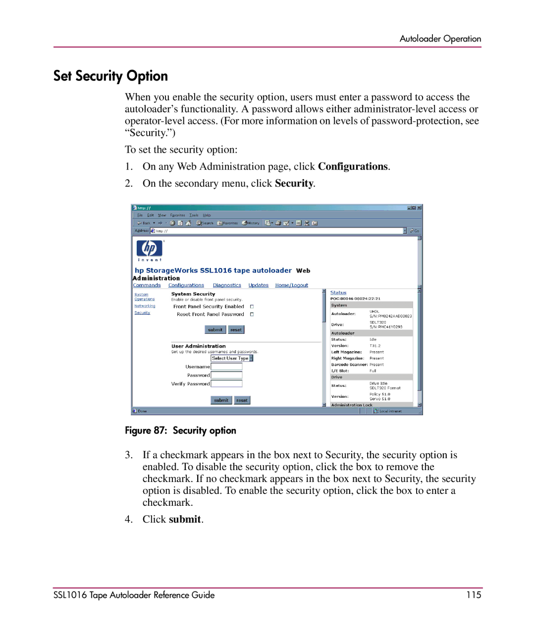 HP SSL1016 manual Set Security Option, Security option 