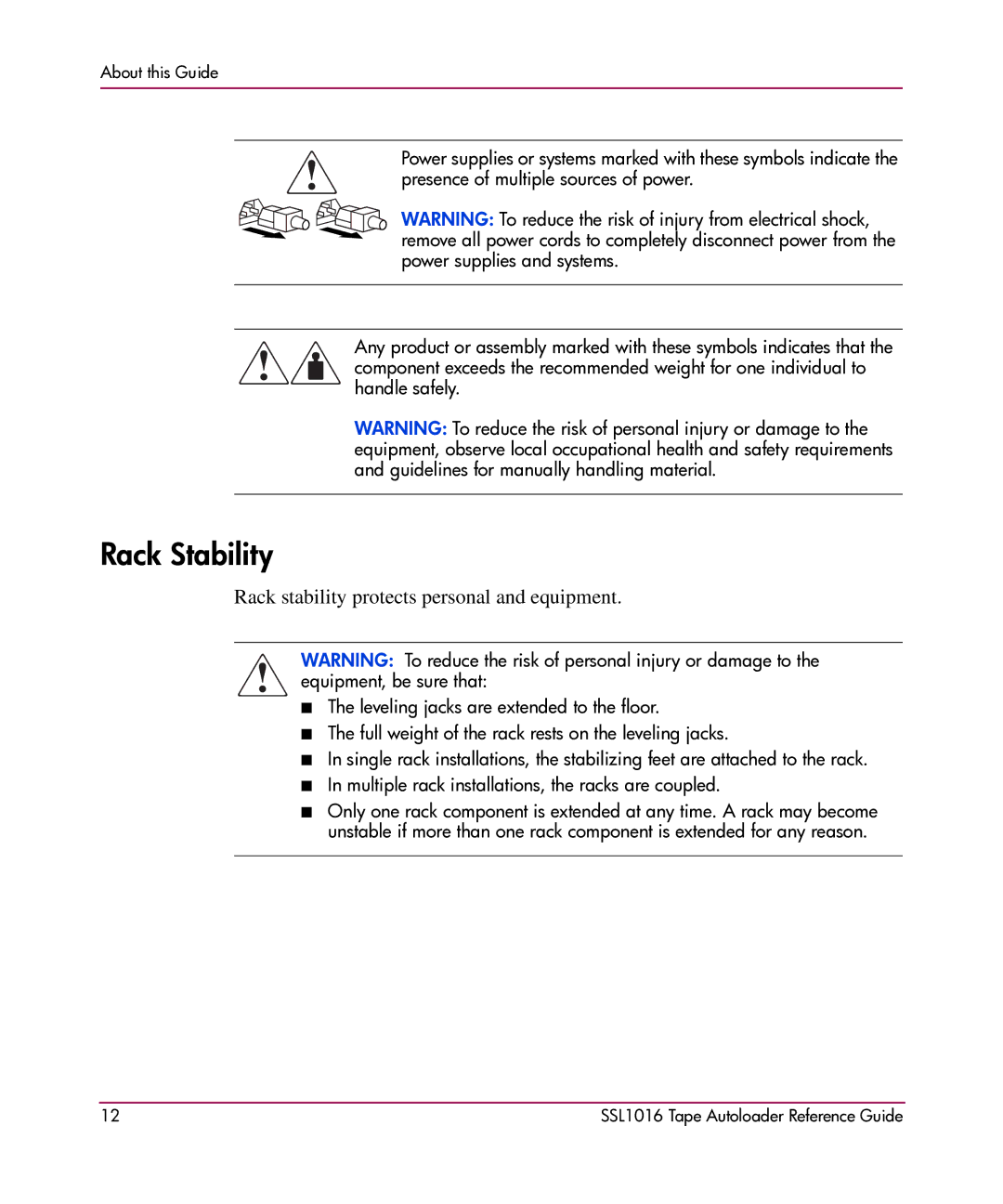 HP SSL1016 manual Rack Stability, Rack stability protects personal and equipment 