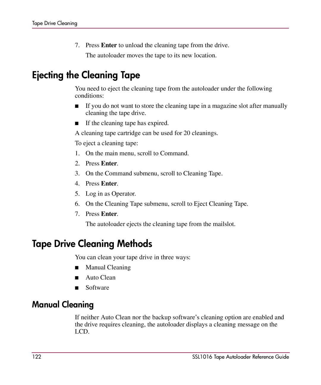 HP SSL1016 manual Ejecting the Cleaning Tape, Tape Drive Cleaning Methods, Manual Cleaning 