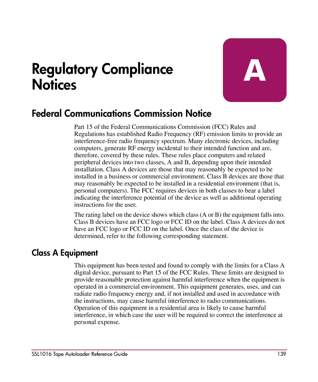 HP SSL1016 manual Federal Communications Commission Notice, Class a Equipment 