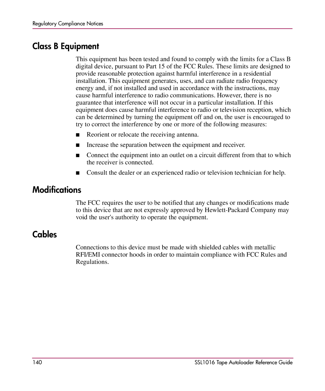 HP SSL1016 manual Class B Equipment, Modifications, Cables 