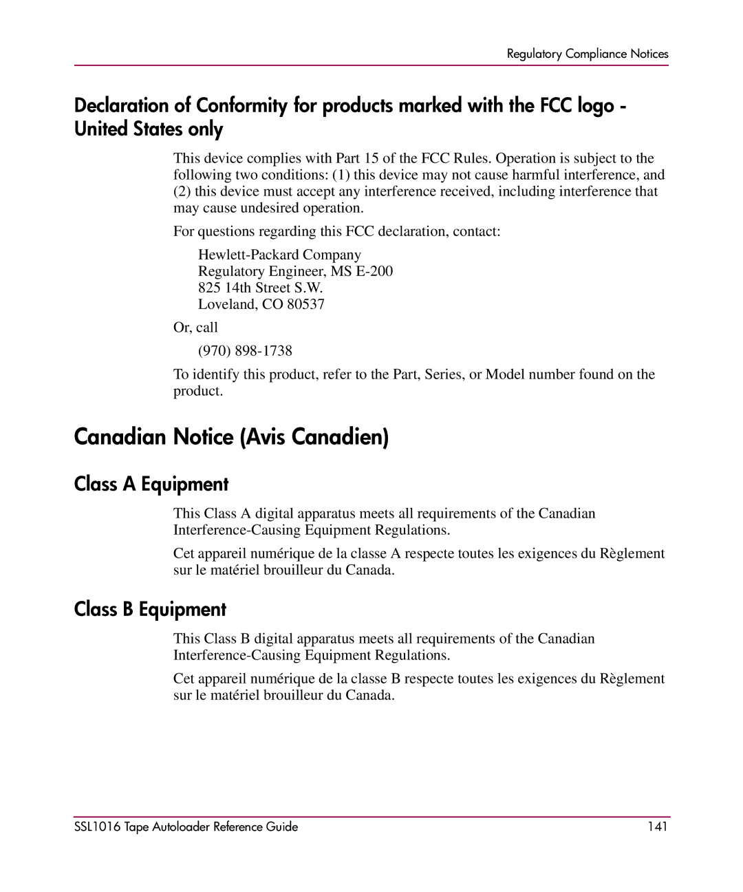 HP SSL1016 manual Canadian Notice Avis Canadien 