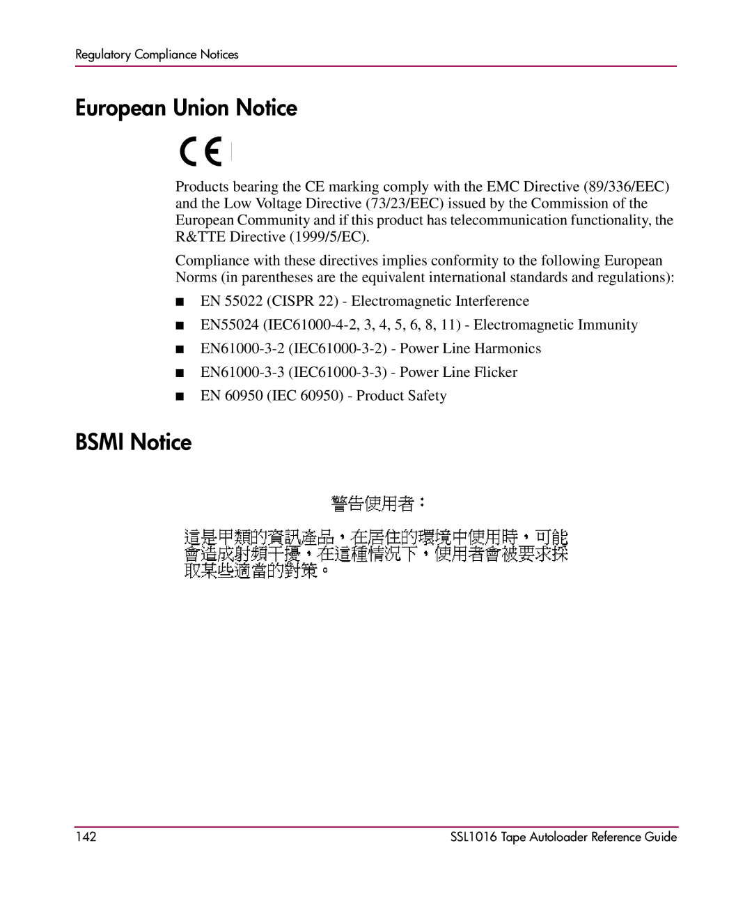 HP SSL1016 manual European Union Notice, Bsmi Notice 