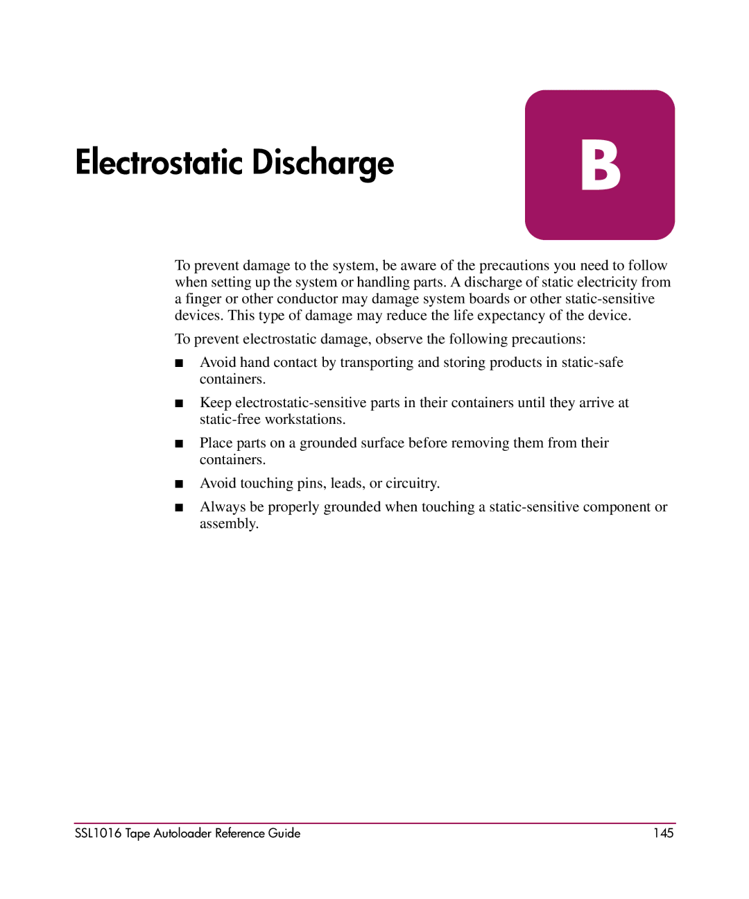 HP SSL1016 manual Electrostatic Discharge 