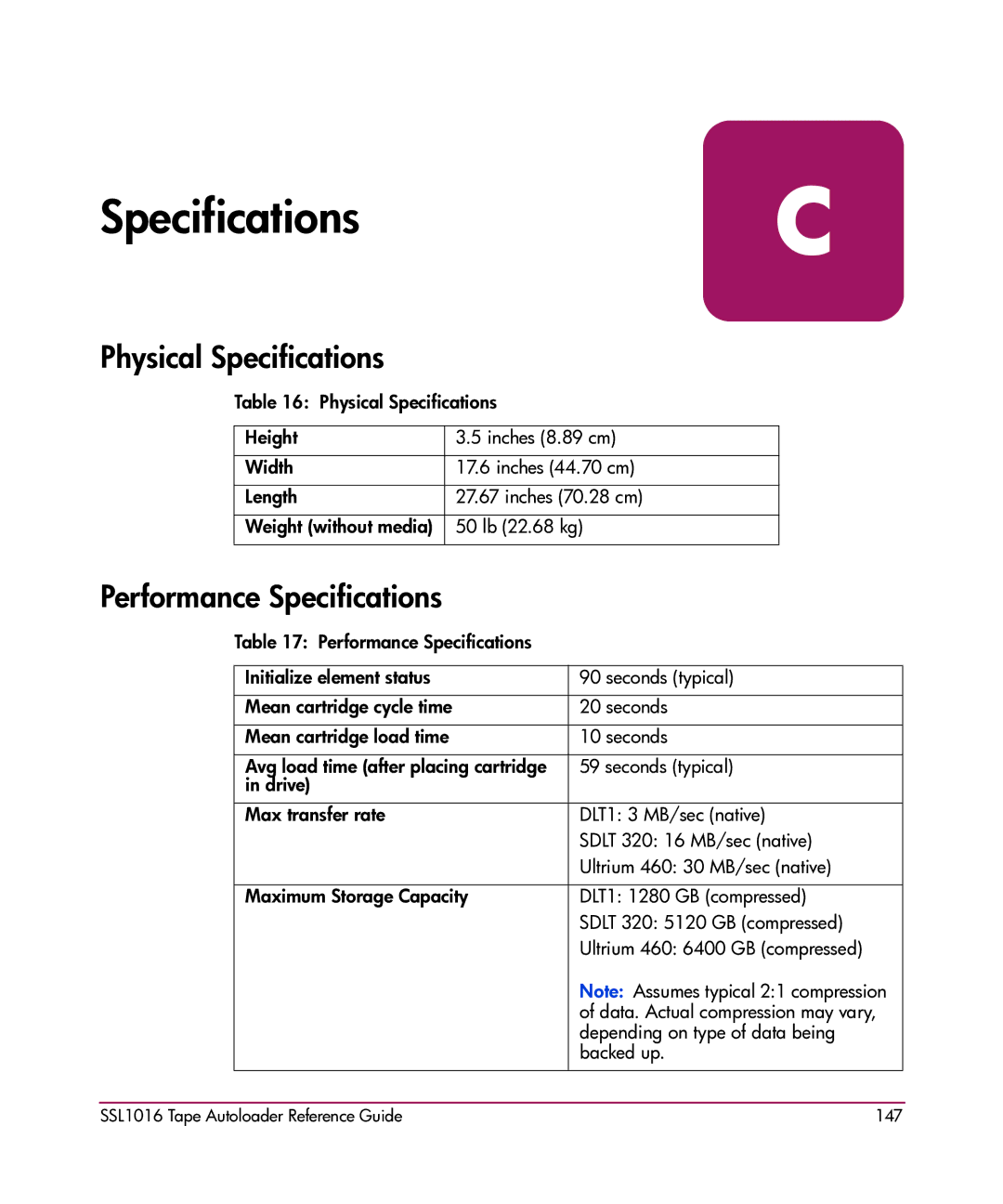 HP SSL1016 manual Physical Specifications, Performance Specifications 