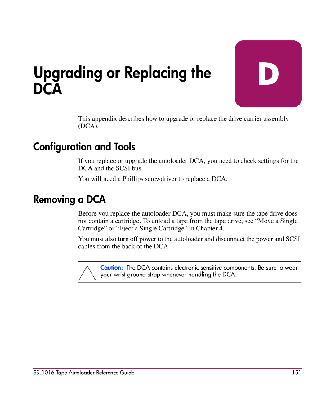 HP SSL1016 manual Configuration and Tools, Removing a DCA 