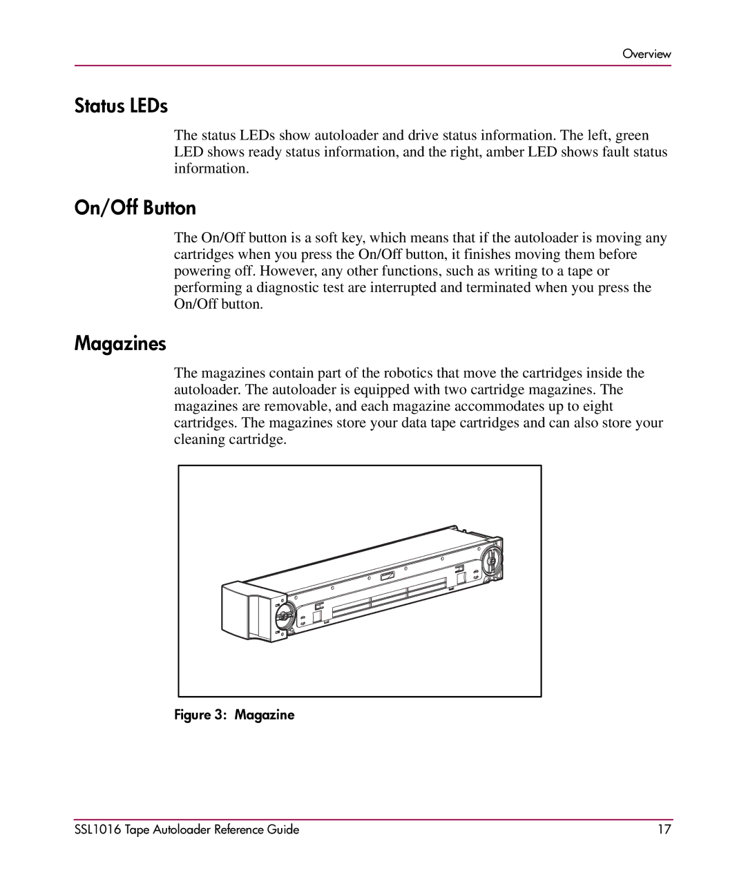 HP SSL1016 manual Status LEDs, On/Off Button, Magazines 