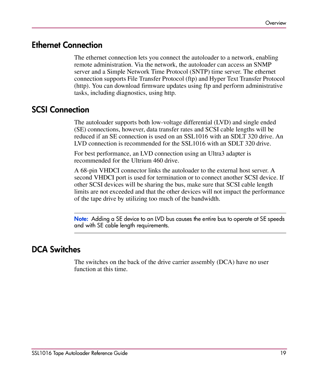 HP SSL1016 manual Ethernet Connection, Scsi Connection, DCA Switches 