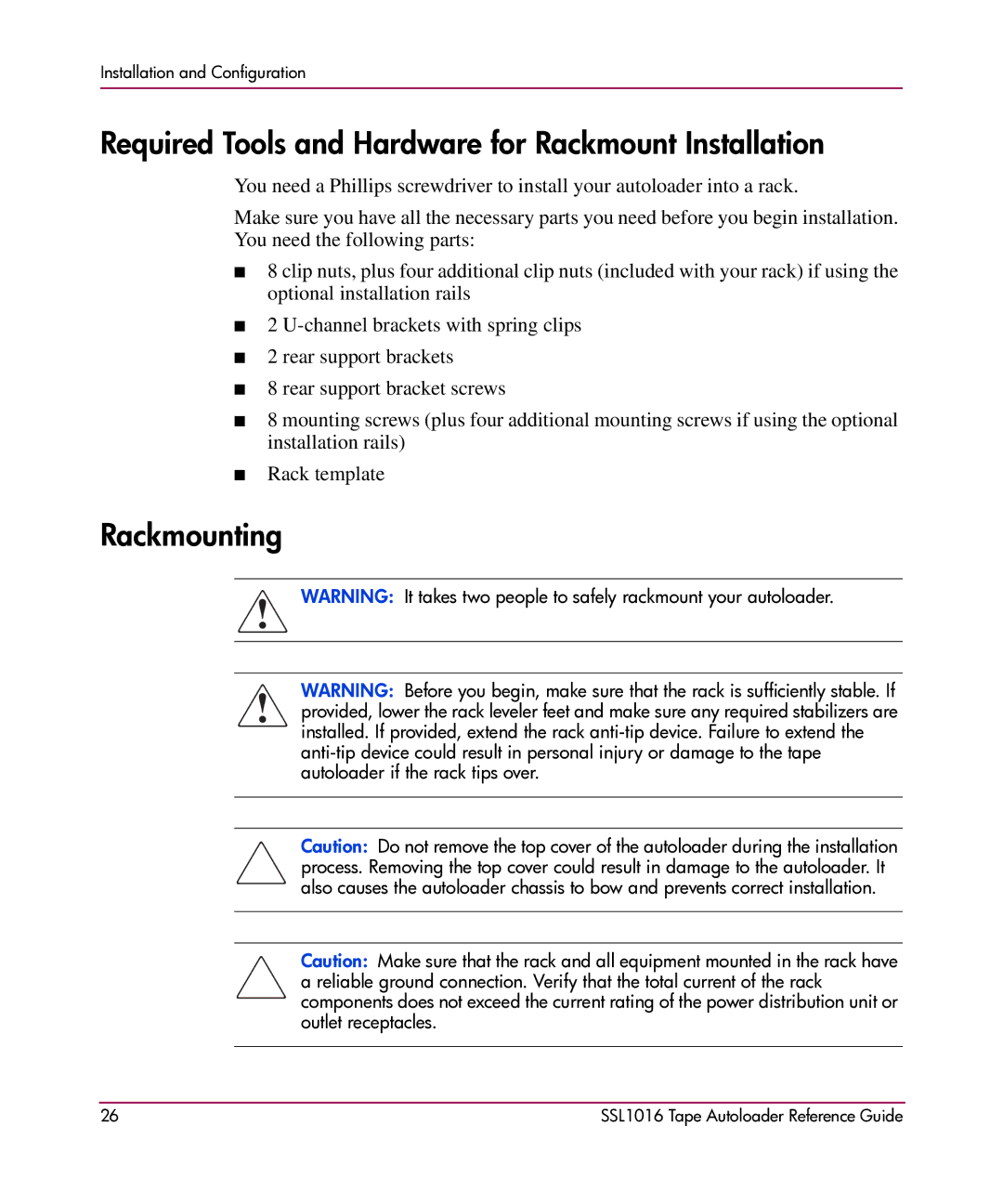 HP SSL1016 manual Required Tools and Hardware for Rackmount Installation, Rackmounting 