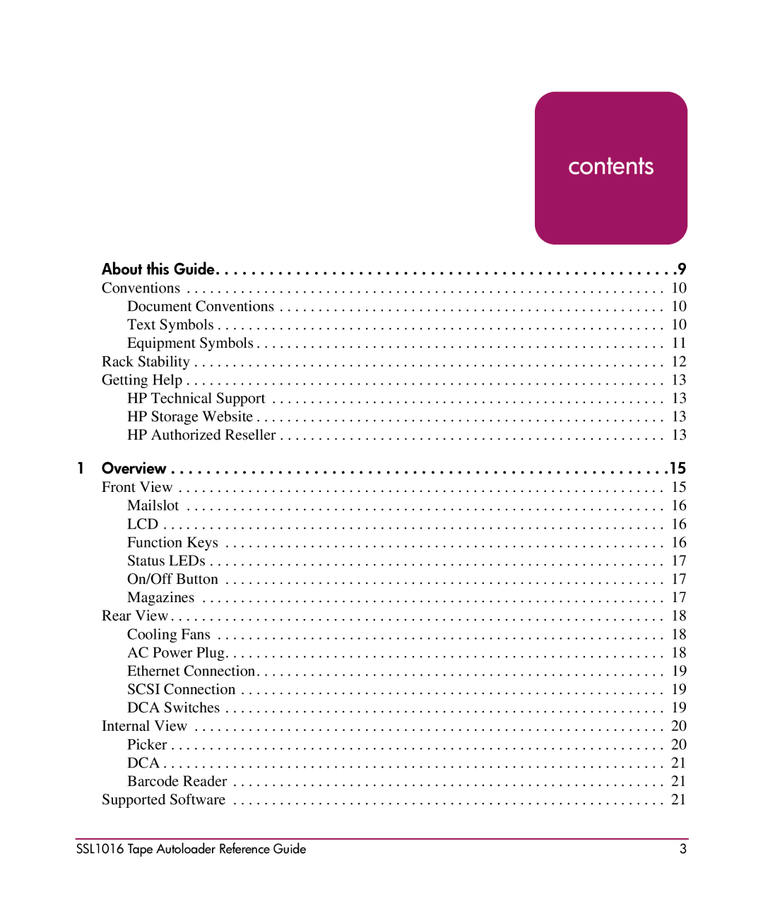 HP SSL1016 manual Contents 