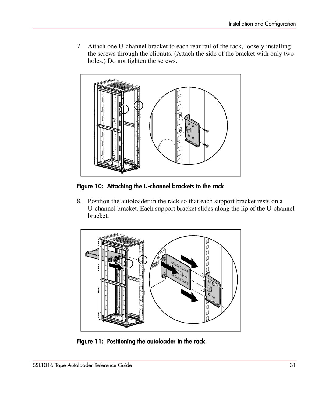 HP SSL1016 manual Attaching the U-channel brackets to the rack 