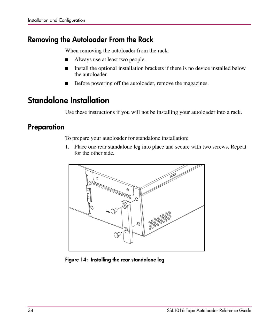 HP SSL1016 manual Standalone Installation, Removing the Autoloader From the Rack, Preparation 