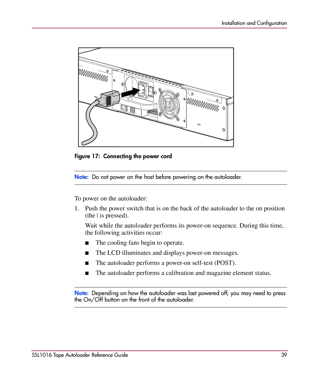 HP SSL1016 manual Connecting the power cord 