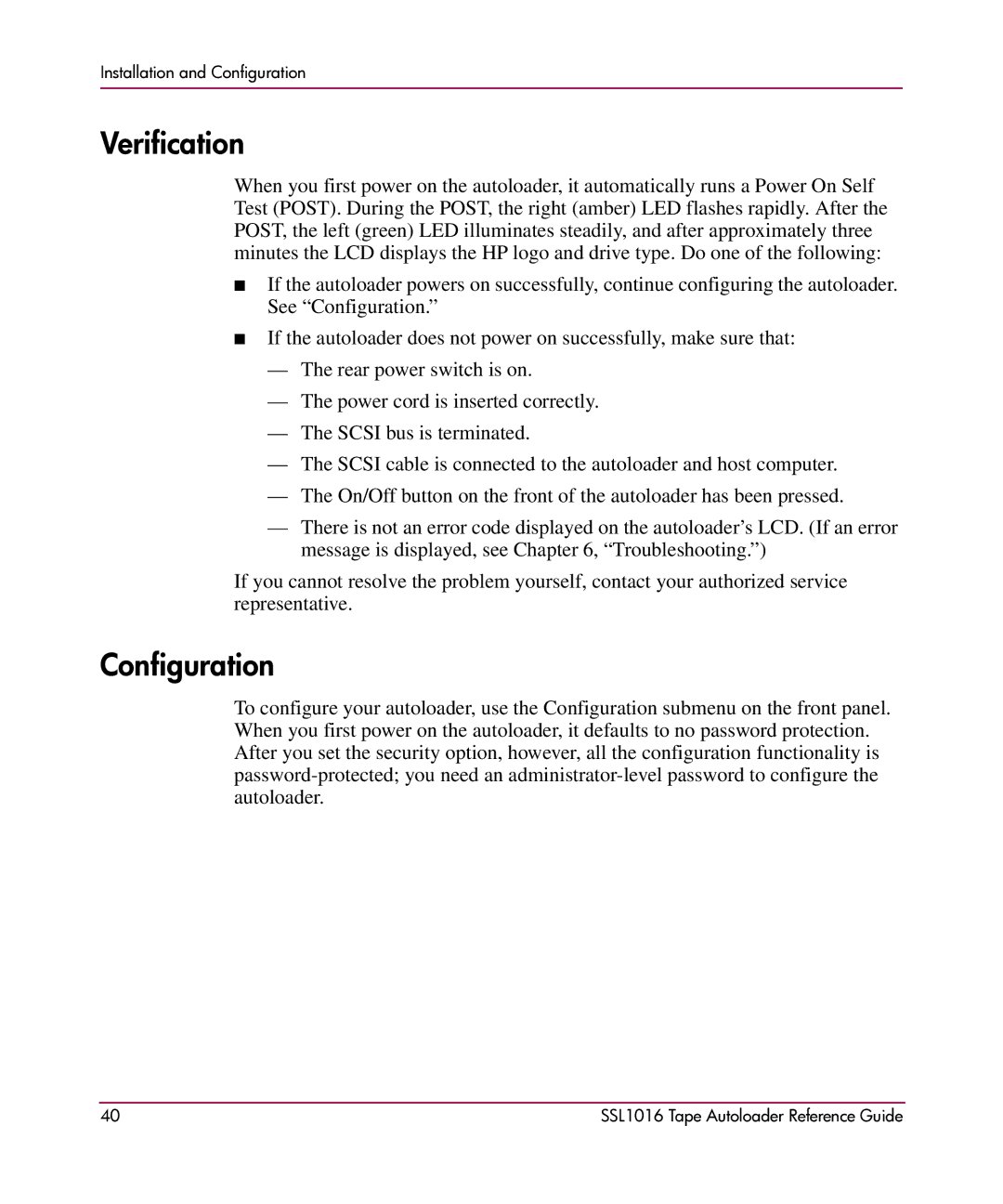 HP SSL1016 manual Verification, Configuration 